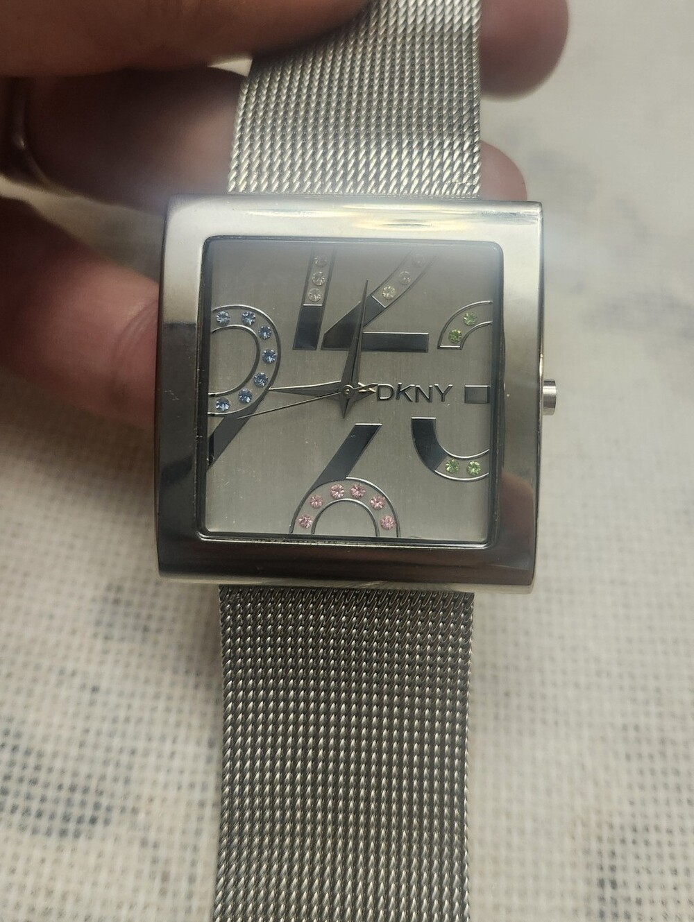 DKNY Silver Square Dial Mesh Bracelet Watch Multicolor Crystal New Battery EUC